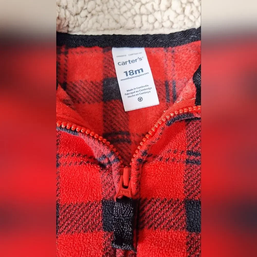 Carter's Red and Black Plaid Zip Up Vest with Faux Fur Collar EUC - 18M
